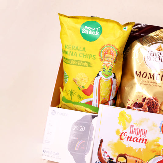 Atham Corporate Onam Gift Hamper with Smartwatch, Banana Chips, Chocolates, and Greeting Card | Crunchy Onam Snack