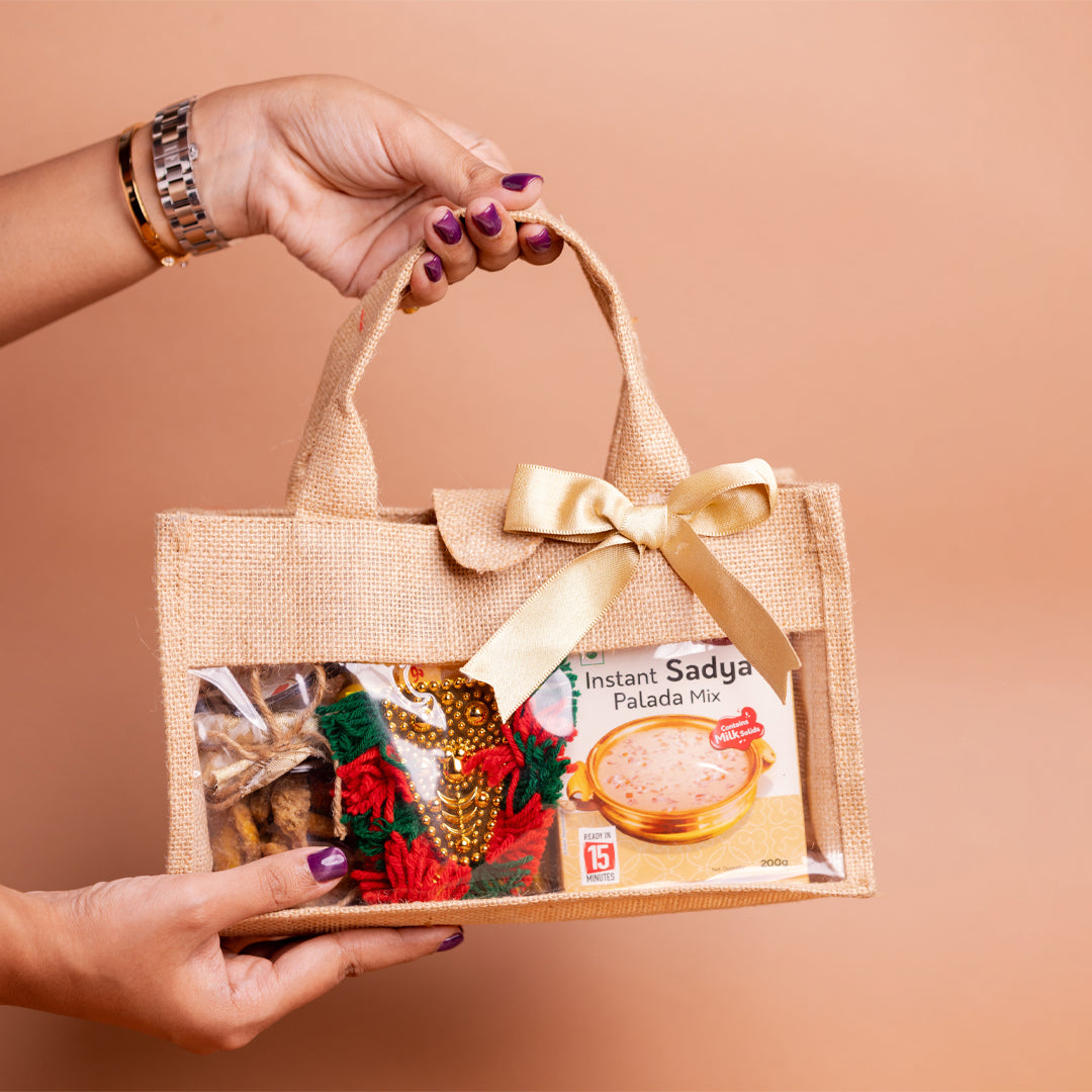 Kaithola Onam Gift Hamper in Premium Jute Bag with Kerala Snacks and Décor