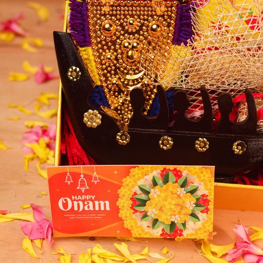 Nettipattom Onam Gift Hamper with Banana Chips, Payasam Mix, and Kerala Décor Items | Wooden 3Men Boat Decor | Nautical Onam Decoration