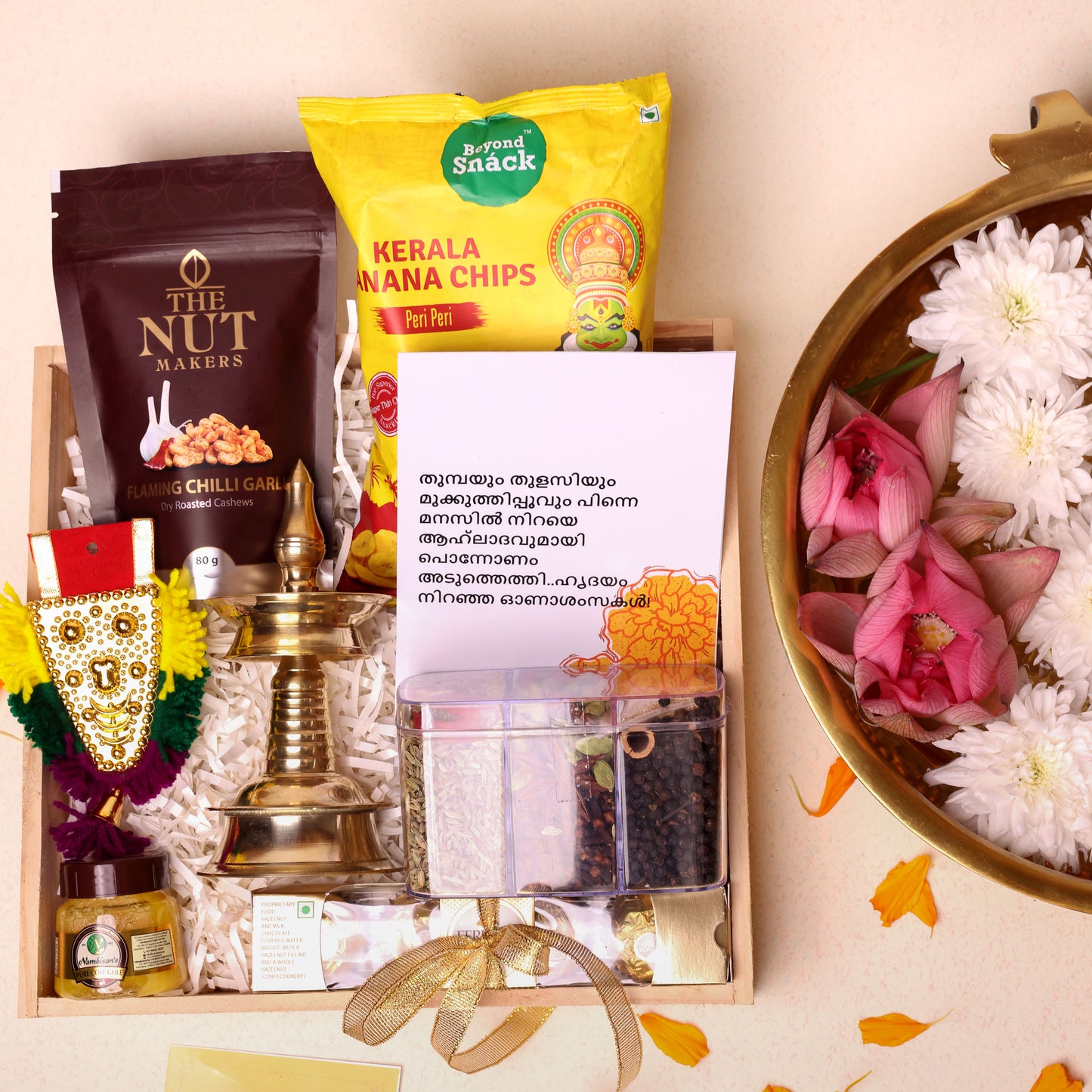Nilavilakku Onam Gift Hamper with Brass Lamp, Spices, Ghee, Banana Chips and Chocolates in Wooden Tray | Packaged in Premium Wooden Tray | Elegance and Presentation