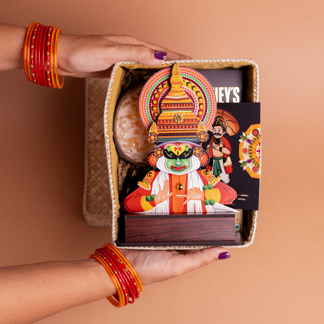 Onakazcha Onam Gift Hamper in Palm Leaf Box with Kerala Decor and Candles