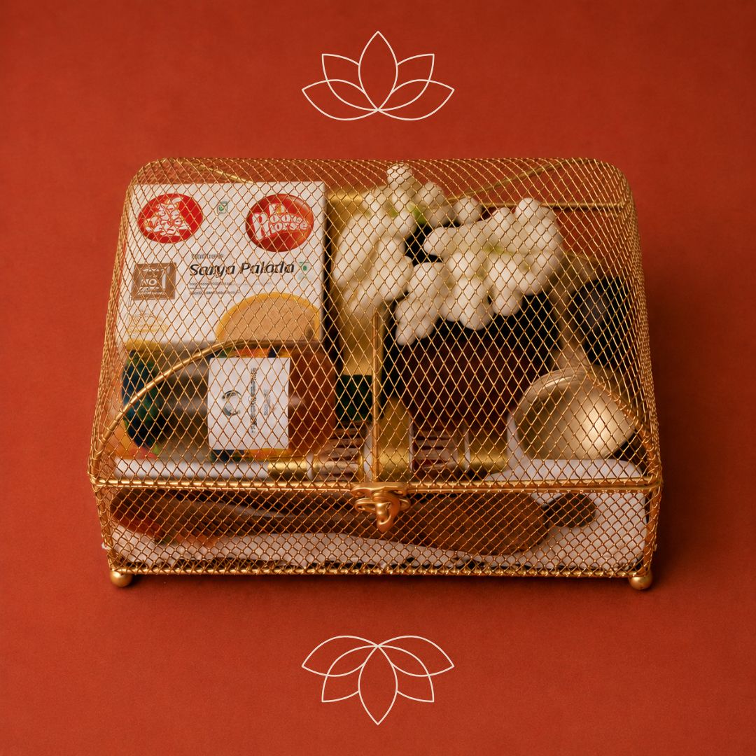 Onakodi Premium Kerala Onam Gift Hamper with Set Saree, Brass Nilavilakku and Golden Basket