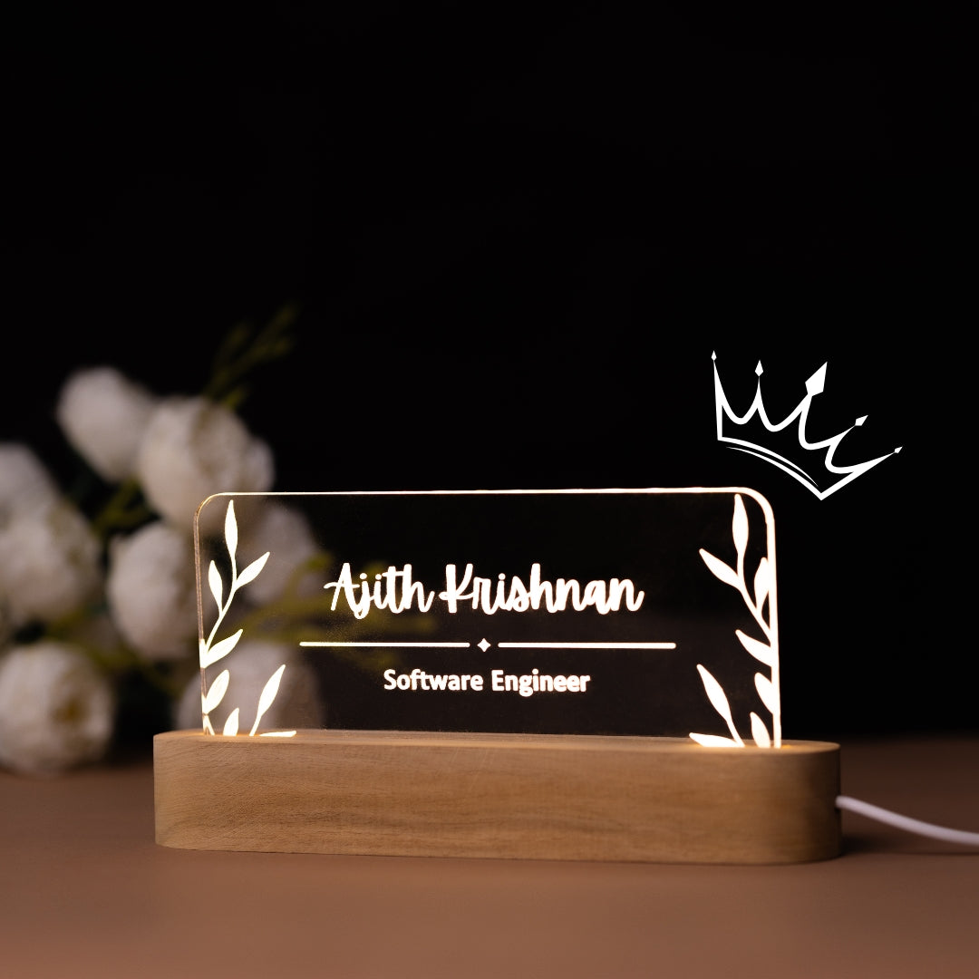 Personalized Acrylic Name Plate with LED Wooden Base – Elegant Desk Accessory