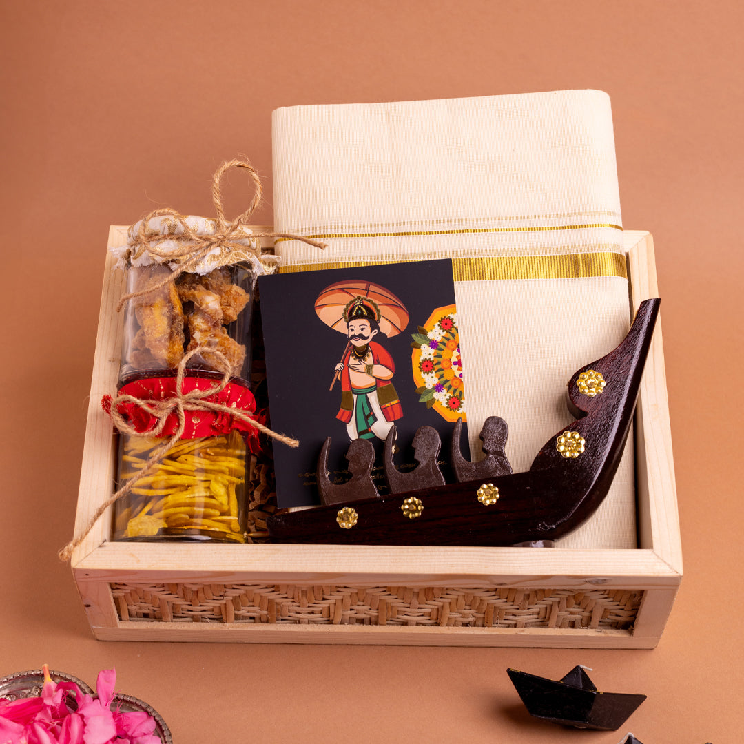 Sanchari Kerala Onam Gift Hamper in Premium Wooden Rattan Box