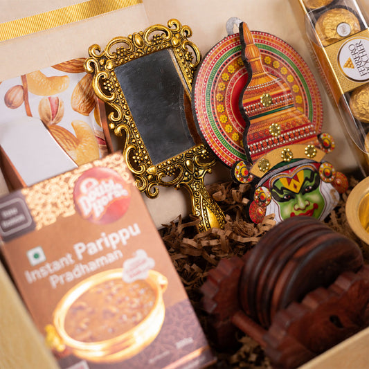 Sneham Premium Kerala Onam Gift Hamper with Set Saree, Mundu, Chocolates and Kerala Décor