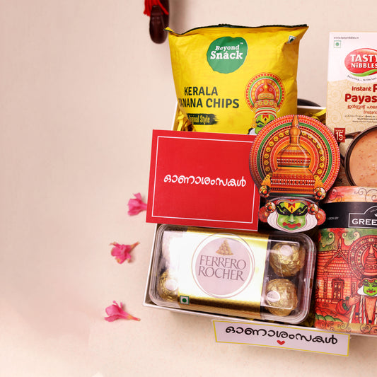 Utharadam Onam Gift Hamper with Green Tea, Chocolates, Banana Chips & Kathakali Wall Décor 02 | Ferrero Rocher 16 Piece Chocolates | Gourmet Onam Indulgence