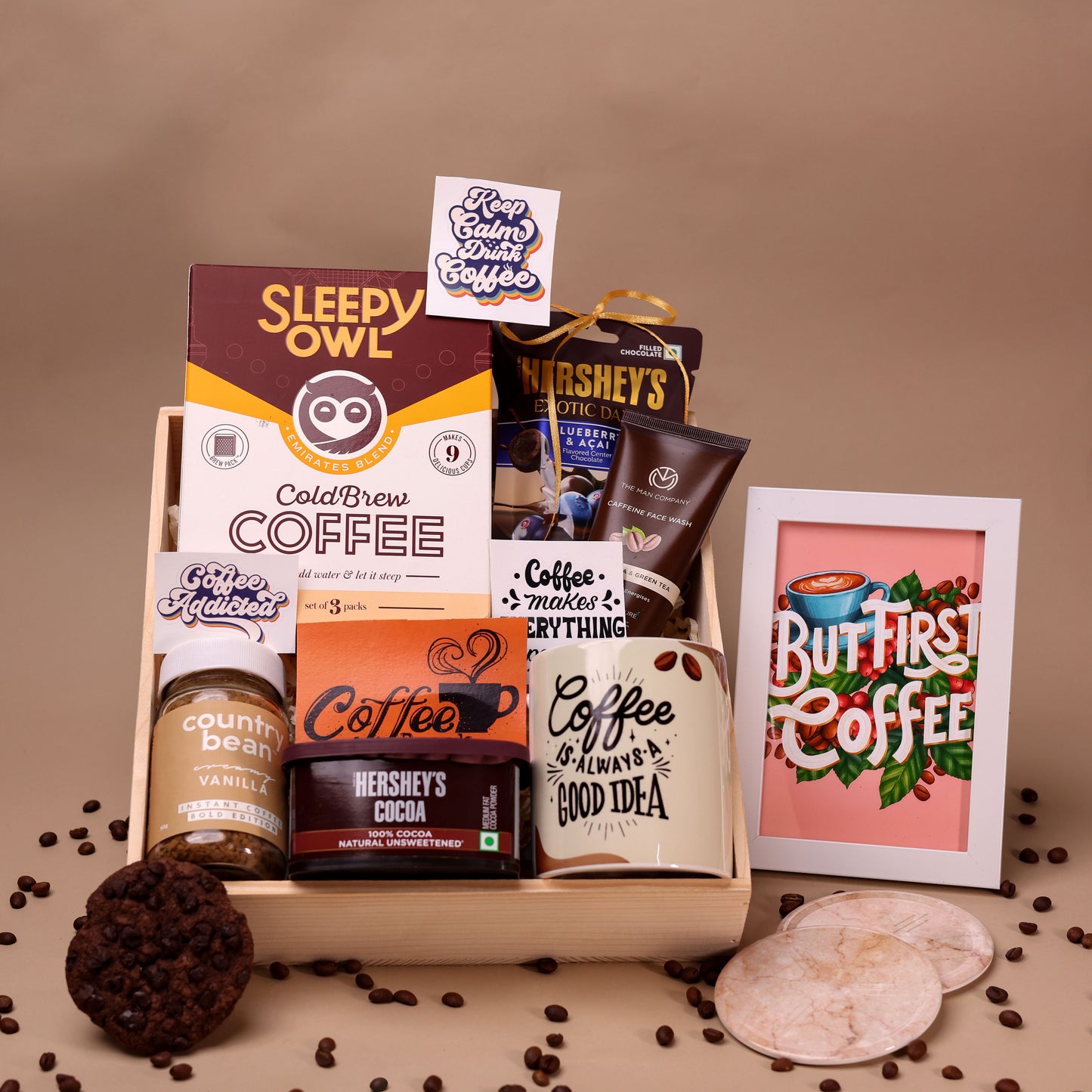 Coffee Gift Hamper with Sleepy Owl, Country Bean, Mug, and Cocoa Powder