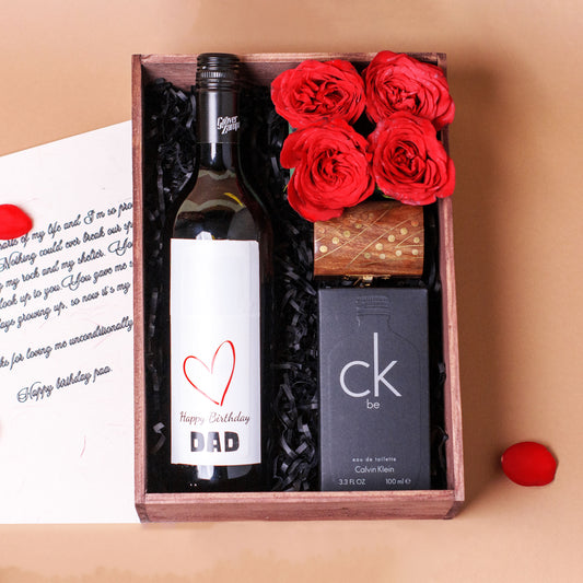 Cheers to You, Dad! Gift Hamper with Wooden Tray and Red Roses