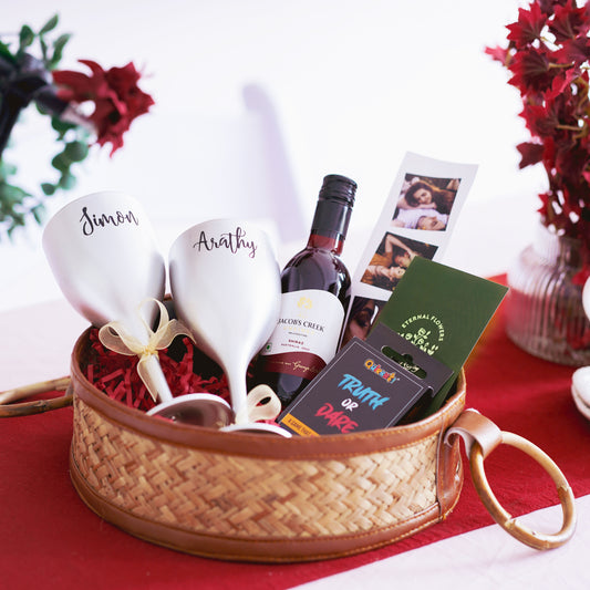 Cheers to Love Valentine's Gift Hamper with Personalized Wine Glasses, Non-Alcoholic Wine, and Truth or Dare Game