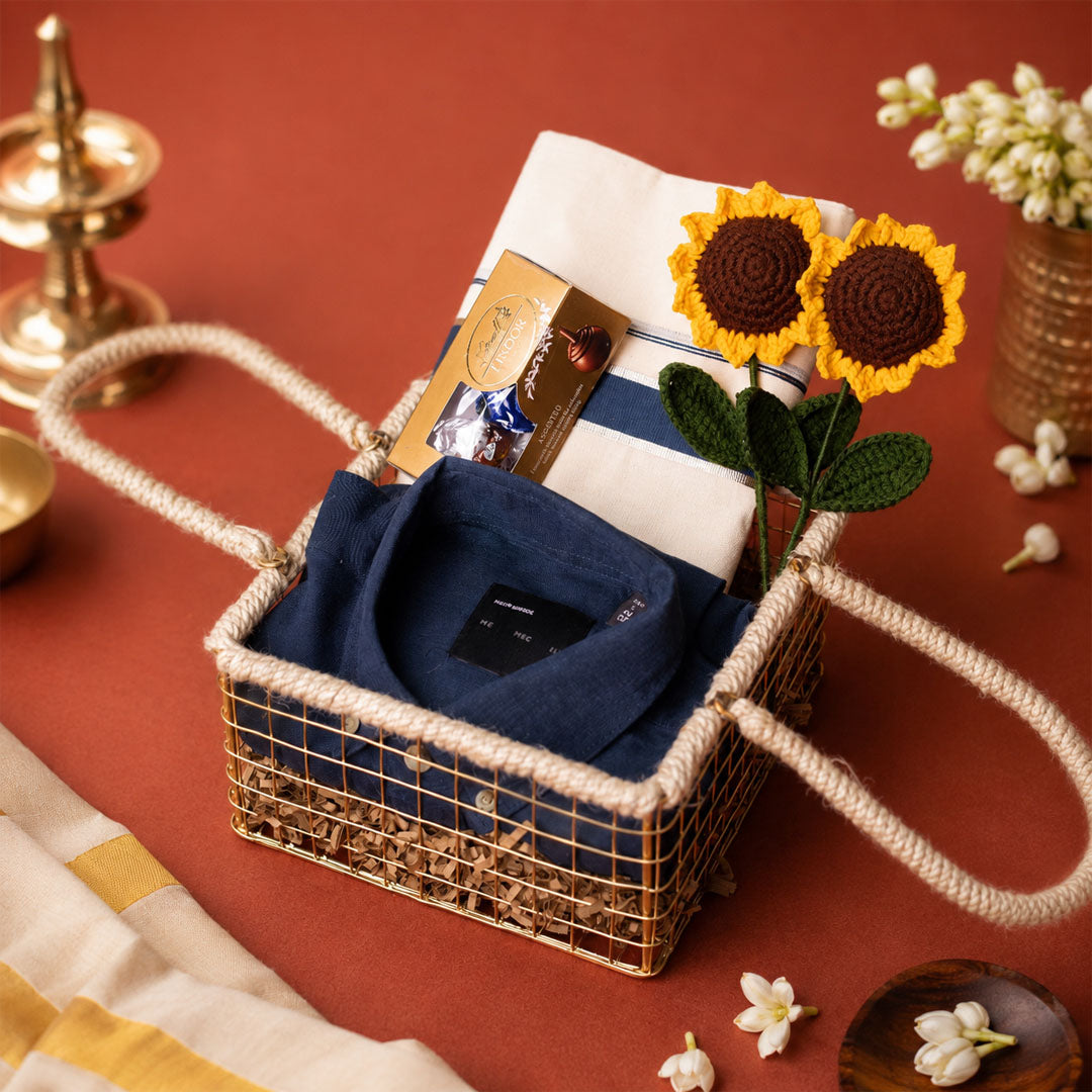 Onakodi For Him Premium Onam Gift Hamper with Men's Shirt, Kerala Mundu and Lindt Chocolates