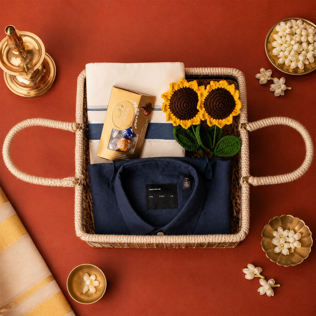 Onakodi For Him Premium Onam Gift Hamper with Men's Shirt, Kerala Mundu and Lindt Chocolates
