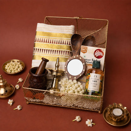Onakodi Premium Kerala Onam Gift Hamper with Set Saree, Brass Nilavilakku and Golden Basket