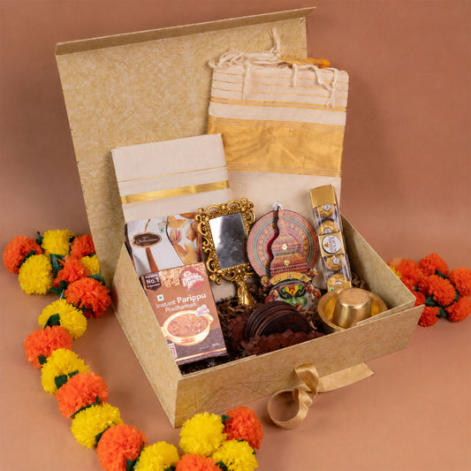 Sneham Premium Kerala Onam Gift Hamper with Set Saree, Mundu, Chocolates and Kerala Décor