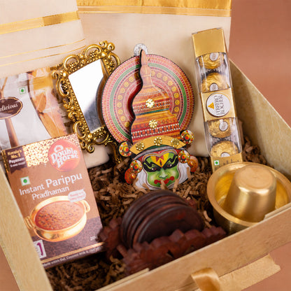 Sneham Premium Kerala Onam Gift Hamper with Set Saree, Mundu, Chocolates and Kerala Décor