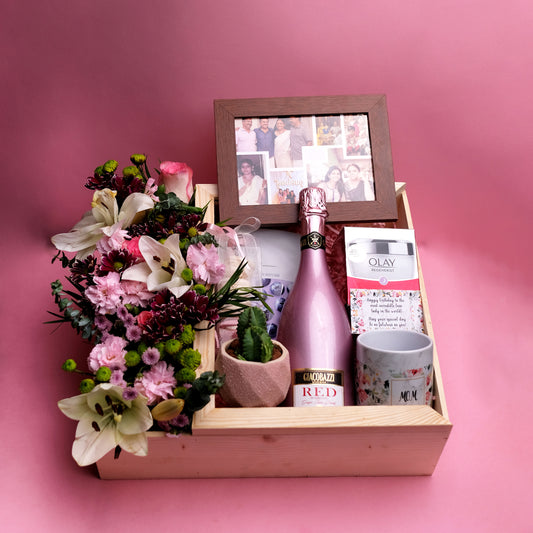 Sweet Bloom Gift Hamper for Mom in Wooden Tray with Flowers