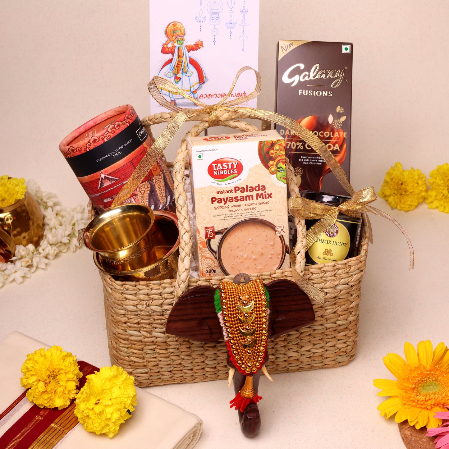 Premium Kerala Thiruvonam Hamper | Packaged in Premium Kauna Grass Basket | Onam Presentation